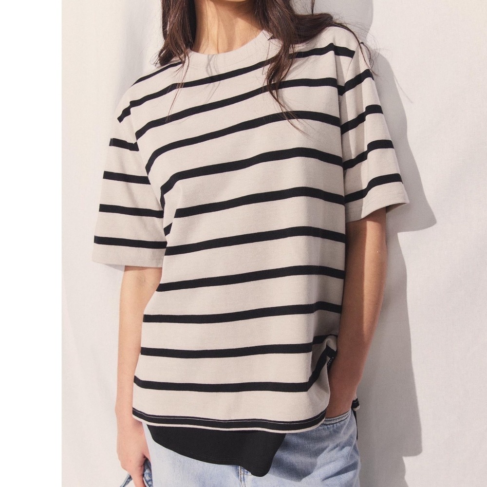 DECJUBA Womens Beige Black Striped Short Sleeve‎ Boxy Tee Sz 6 Australian Basics